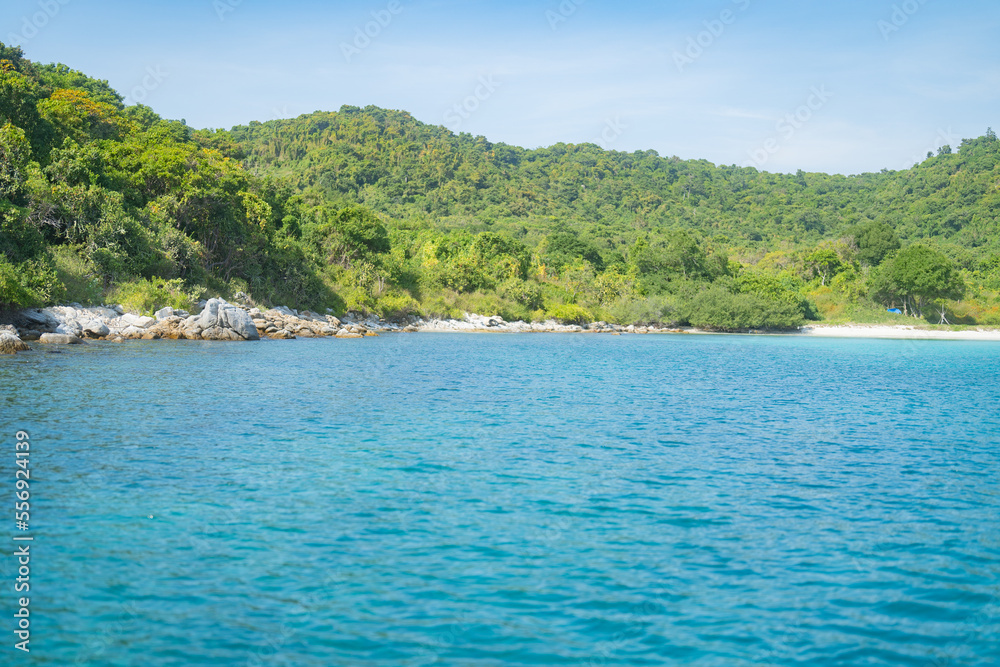 Phi Phi, Maya beach with blue turquoise seawater, Phuket island in summer season during travel holidays vacation trip. Andaman ocean, Thailand. Tourist attraction with blue cloud sky.