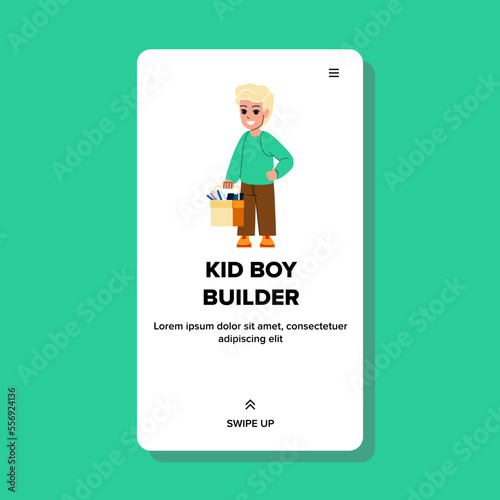 kid boy builder vector. child construction, worker engineer, little helmet, work safety, workshop kid boy builder web flat cartoon illustration