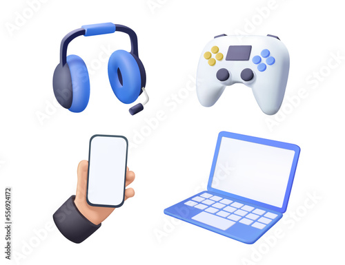 Icons set of technology isolated on white background. Computer devices 3d render vector icon set. Computer, laptop, smartphone, headphones, game console joystick. 3D render vector illustration