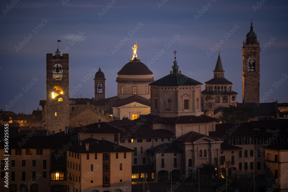 Bergamo. One of the beautiful city in Italy. Landscape at the old town from the hill at evening. Amazing view of the towers, bell towers and main churches. Touristic destination. Best of Italy