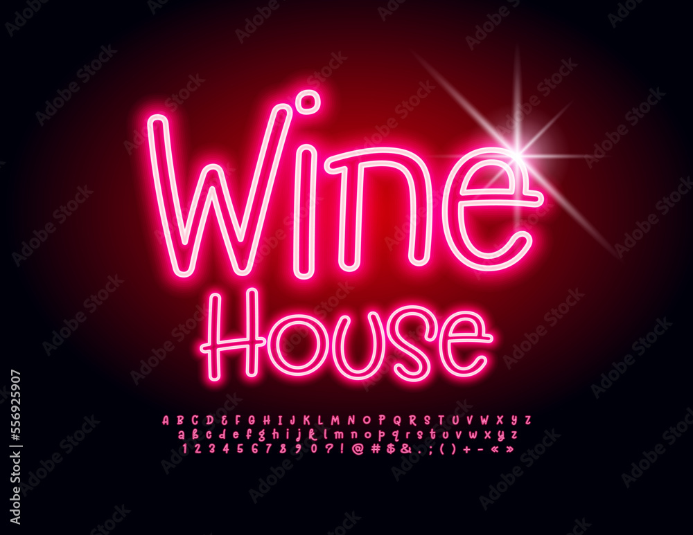 Vector glowing poster Wine House. Red handwritten Font. Trendy Alphabet Letters and Numbers set