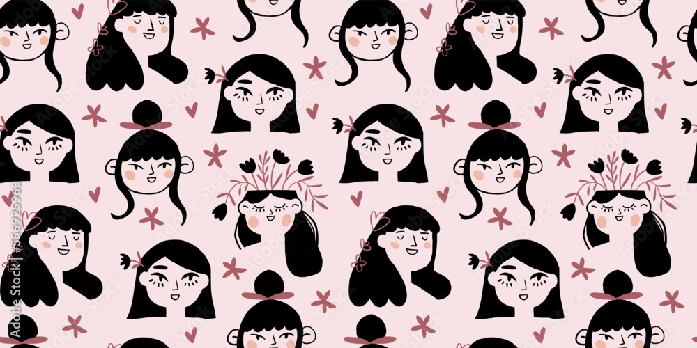 Vector seamless pattern with black hair girl portraits. Red hair women. Spring girl pattern on light background. Vector illustration Vector seamless pattern with black hair girl portraits. Red hair women. Spring girl pattern on light background. Vector illustration