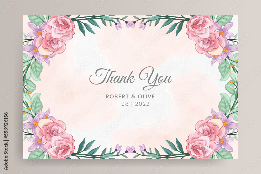 Romantic hand drawn floral wedding thank you card