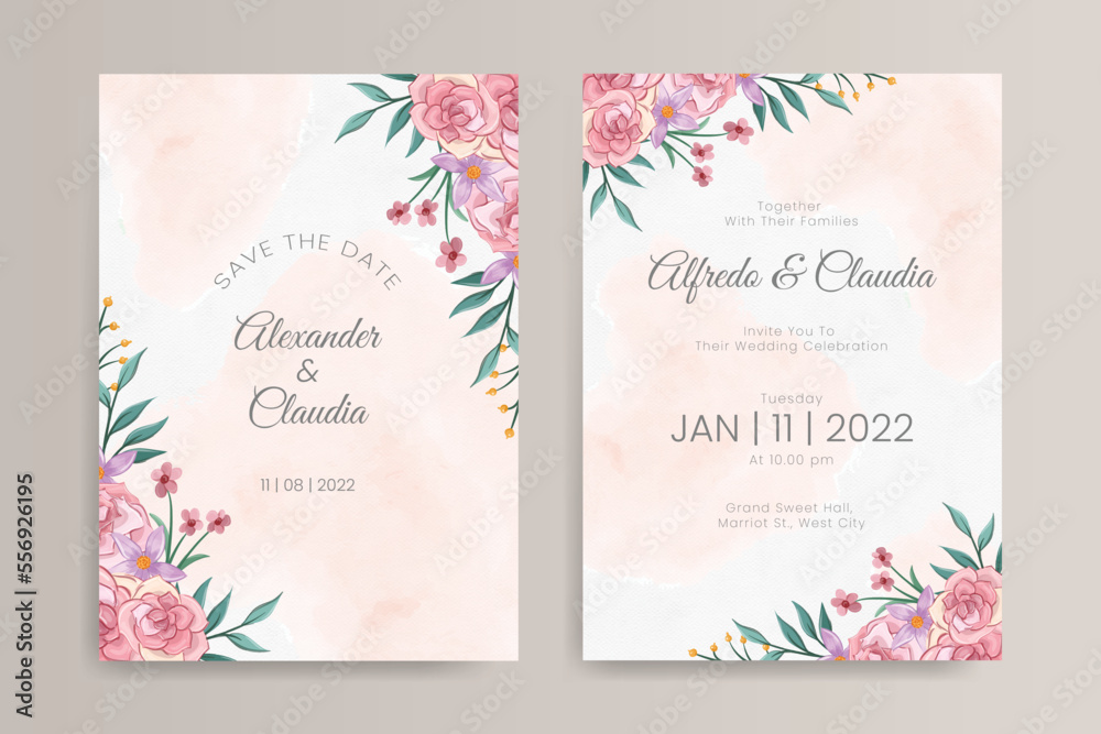 Watercolor floral and leaves wedding invitation card
