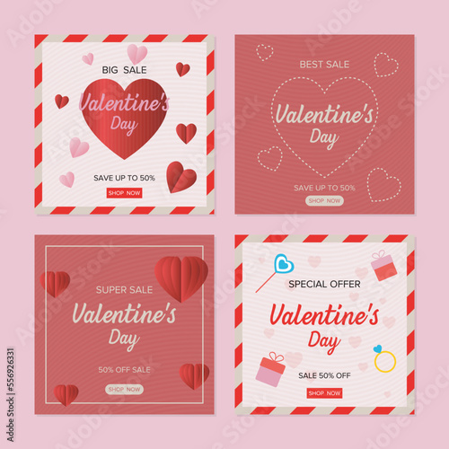 set of valentines day letter style instagram post template with hearts, gifts, ring, candies and paper hearts