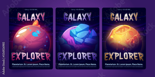 Set of planetarium banner templates. Cartoon vector illustration of alien planets glowing with neon craters against starry dark sky background. Space galaxy exploration, astronomy science event promo