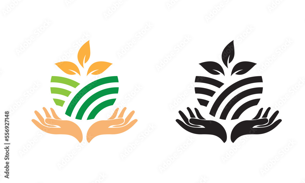 hands holding plant and land. vector logo icon. hands holding plant and land. vector logo icon.