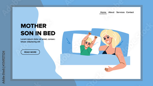 mother son in bed vector. child home, family kid, woman mom, bedroom boy, happy parent, love mother son in bed web flat cartoon illustration