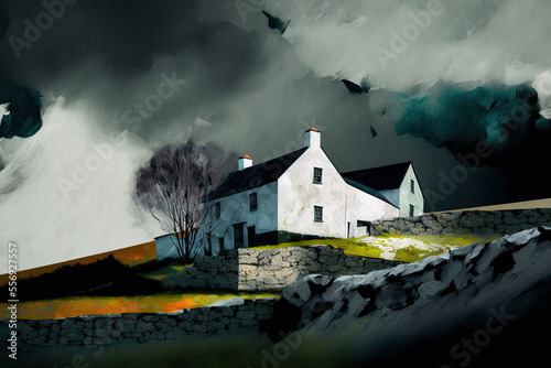 Tela On a bright hillside with black clouds, there is a white farmhouse and a stone barn that are side by side