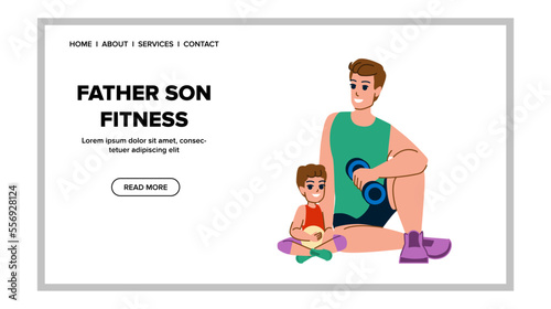 father son fitness vector. sport workout, training child, gym family, kid man, adult activity, boy health together father son fitness web flat cartoon illustration
