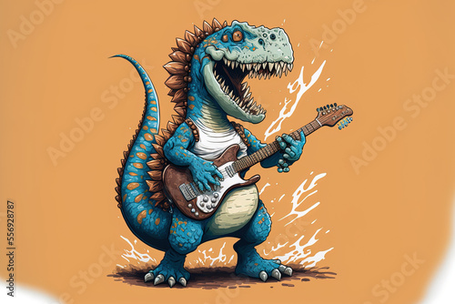 Illustration of a rocking dinosaur playing guitar. Guitar and dinosaur print. Kids' t shirt with a cute design. Dinosaur character design is adorable. Generative AI © 2rogan