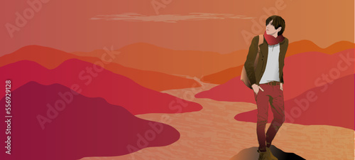 Young handsome man travels in nature, watching sunrise or sunset, wearing brown jacket, orange scarf, orange red pants and light brown backpack, vector illustration