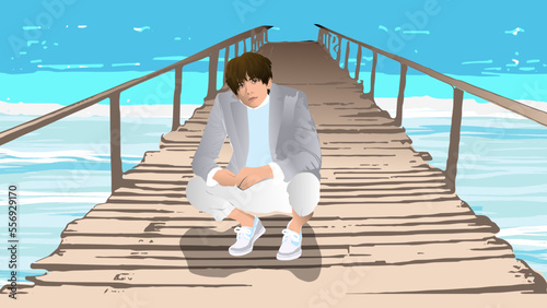 Young handsome man traveling in nature, squatting on a beige wooden bridge leading to the sea, wearing gray suit, blue pullover, white shirt, light gray pants and sailing shoes, vector illustration
