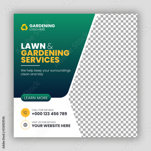 Lawn garden or landscaping service social media post and web banner template design concept