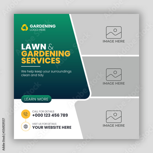 Lawn or gardening service social media post and web banner template 