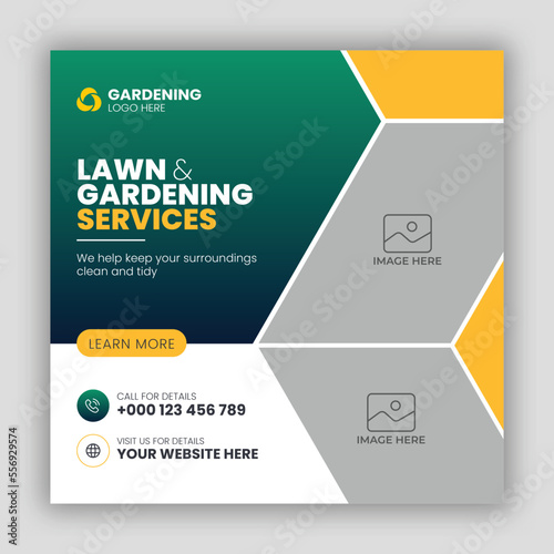 Agricultural and farming services web banner or social media post lawn gardening template design