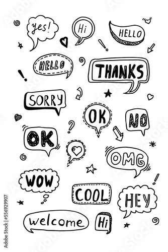 Cute doodle vector speech bubble black on white set, Hand drawn set of speech bubbles with handwritten