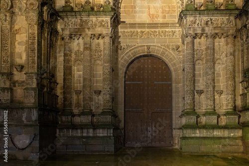 Night photo of door in the Cathedral of Plasencia. Extremadura. Spain.