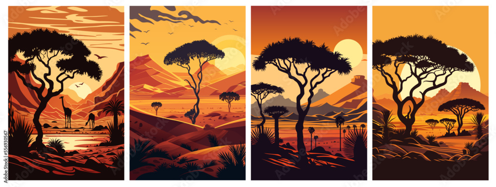 African sunset vector landscape with flat colors - obrazy, fototapety, plakaty 