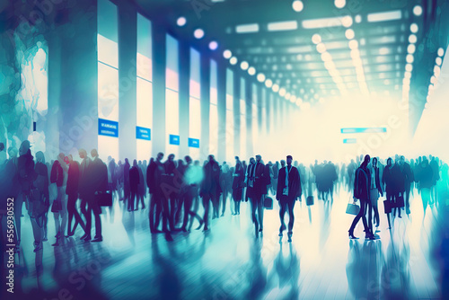 Background of an expo with blurred individuals in an exposition hall. Concept for a major international exposition  conference center  corporate marketing  and event fair. Generative AI