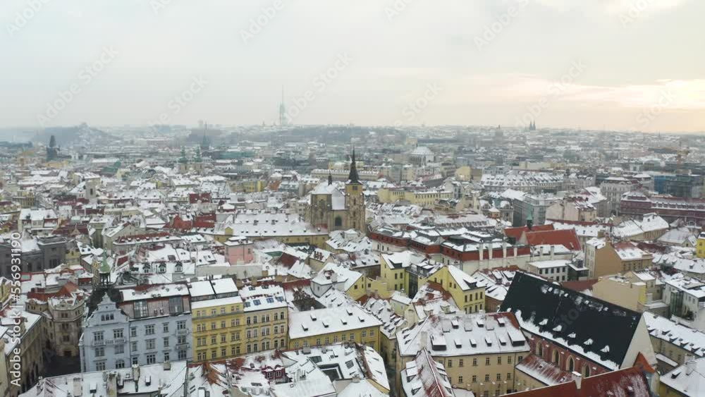 Prague Old Town on Winter Day in Czech Republic. Drone Boom Shot. Snow Prague Old Town on Winter Day in Czech Republic. Drone Boom Shot. Snow