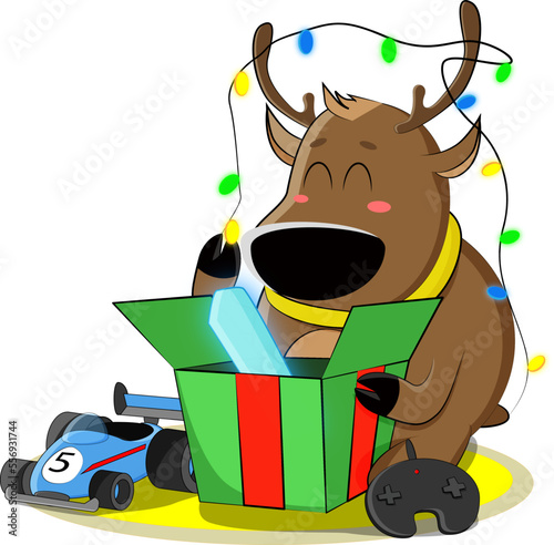 A cute deer was given a toy radio-controlled car and a glowing crystal