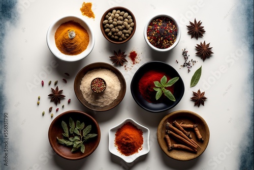 Wallpaper Mural Spices and herbs on white background with topview. Generative AI Torontodigital.ca