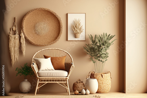 Empty wall mockup in warm neutral beige room with wicker armchair, palm plant in woven basket, boho style decorations, and free space. Illustration,. Generative AI © 2rogan