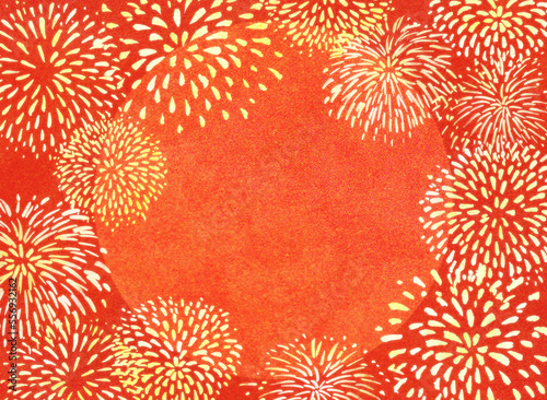 赤い背景と派手な金色花火のフレーム背景