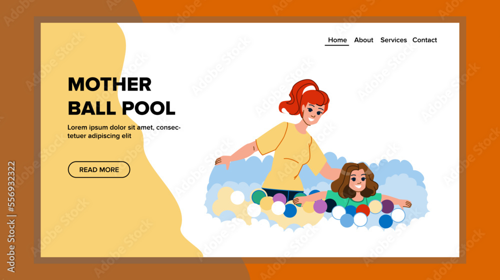 Fototapeta premium mother ball pool vector. family fun, happy child, playground kid, together activity, cheerful mother ball pool web flat cartoon illustration