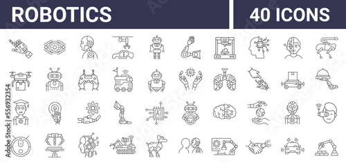 Set of 40 robotics industry icons. Set with robot and bot technology, artificial intelligence AI, equipment, engineering, automated machinery. Editable stroke. Vector illustration