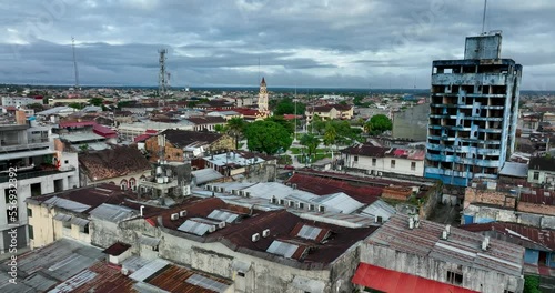 Aerial drone fly view of Iquitos, Peru with the Itaya River in the background in the middle of the Amazon Rainforest. photo