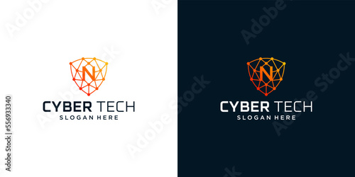 Cyber tech logo design template with initial letter N graphic design vector illustration. Symbol for tech, security, internet, system, Artificial Intelligence and computer.