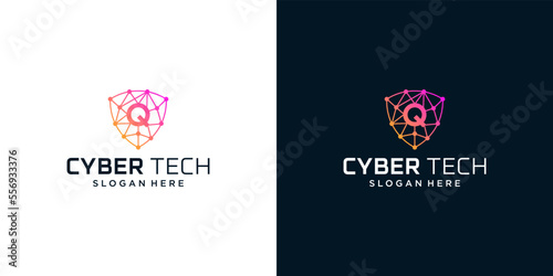 Cyber tech logo design template with initial letter Q graphic design vector illustration. Symbol for tech, security, internet, system, Artificial Intelligence and computer.
