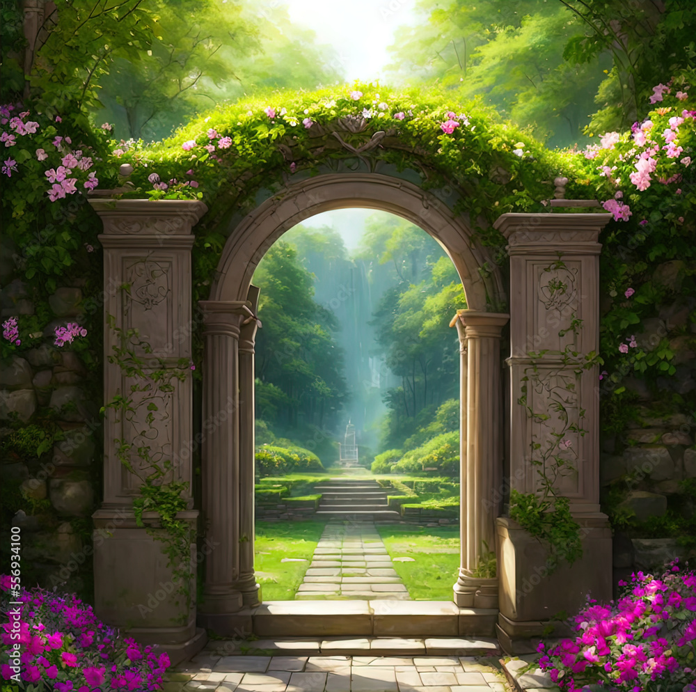 Beautiful fantasy gate, surrounded by greenery. Beautiful fantasy gate, surrounded by greenery.