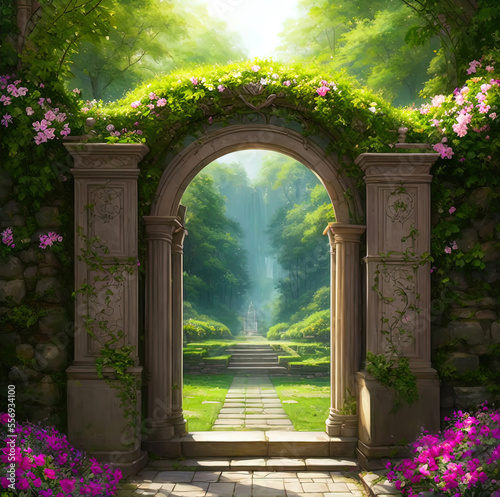 Beautiful fantasy gate, surrounded by greenery. 