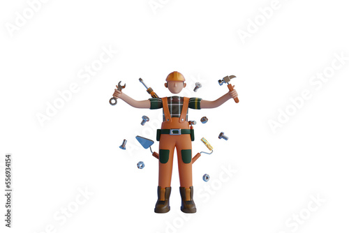 The Handyman. 3D Handyman multitasking with tools. worker or engineer with wrench, screwdriver, hammer and roller in hands isolated icon 3d illustration.