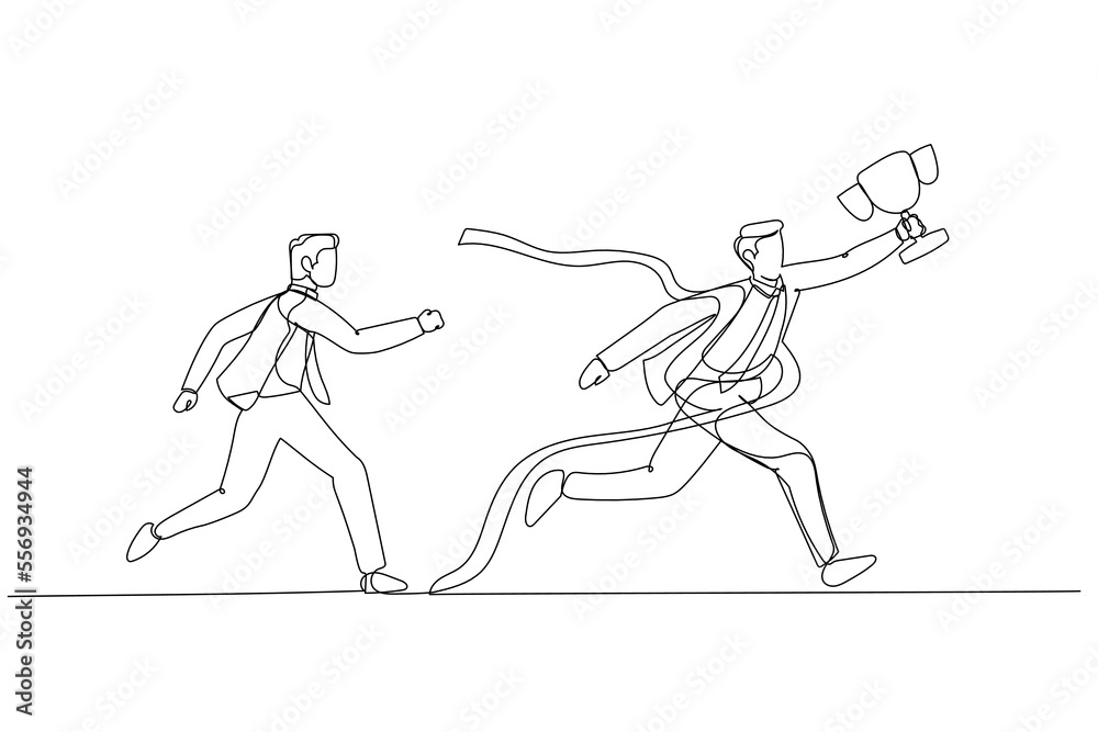 Drawing of businessman get to the finish line winning fierce competition. Continuous line art style