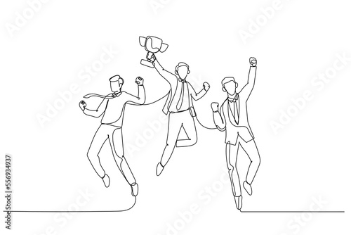 Drawing of businessman jumps in the air with trophy cup in the hand getting recognition. Single continuous line art