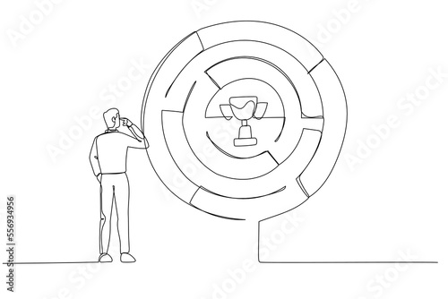 Cartoon of businessman finding the way in labyrinth to reach path to success. One continuous line art style