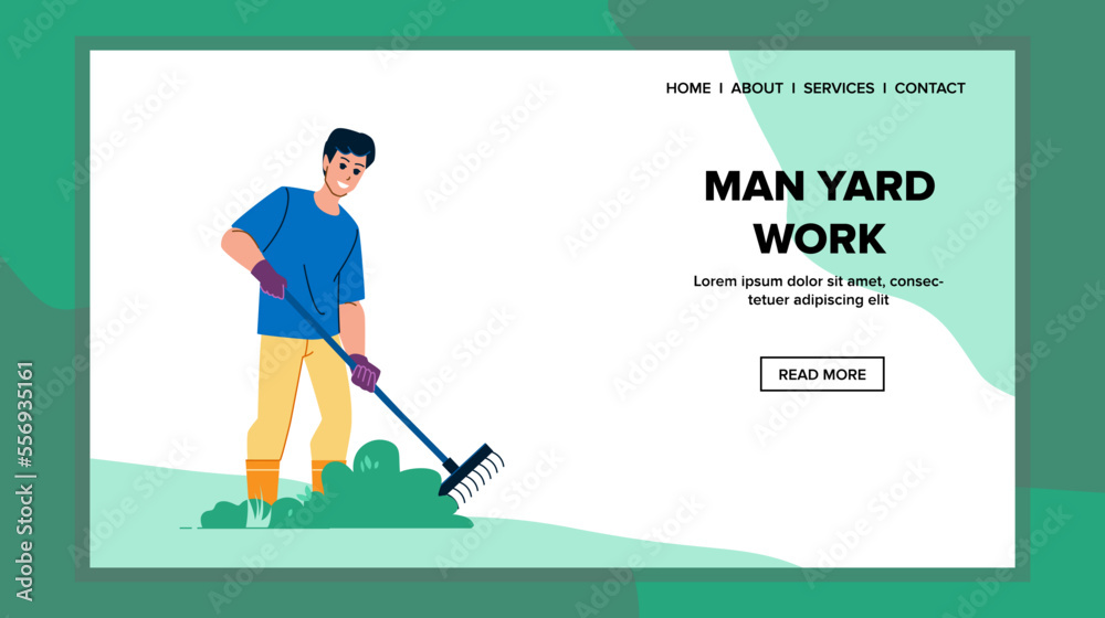 man yard work vector. garden grass, green lawn, male worker, cut backyard, maintenance man yard work web flat cartoon illustration