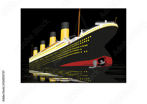 Stern view, transatlantic sinking in the ocean at night. Big cruise transatlantic. Old big passengers ship. Detailed vintage famous sunken transatlantic. Vector illustration. photo