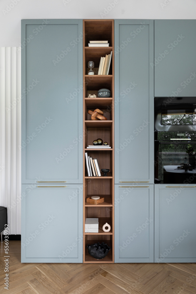 Minimalist composition of living room interior with wooden and blue bookcase, built-in oven, sculpture, books, glass balls, simple casket and personal accessories. Home decor. Template. Minimalist composition of living room interior with wooden and blue bookcase, built-in oven, sculpture, books, glass balls, simple casket and personal accessories. Home decor. Template.