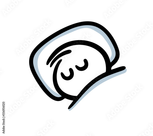 Funny face of a sleeping child on a pillow under a blanket with his eyes closed.