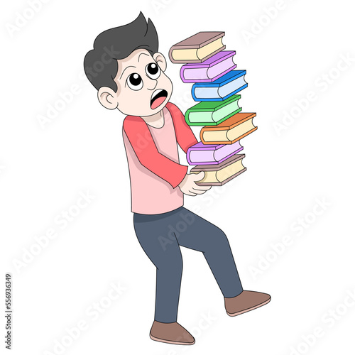 bookworm boy was staggering carrying a large pile of books
