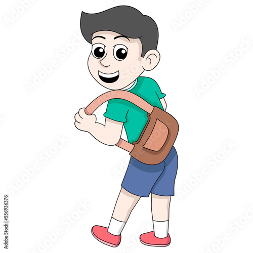boy is excited to carry a bag to school