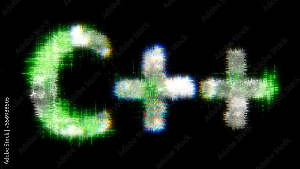green cybernetical text C++ with noise distortion, isolated - object 3D illustration