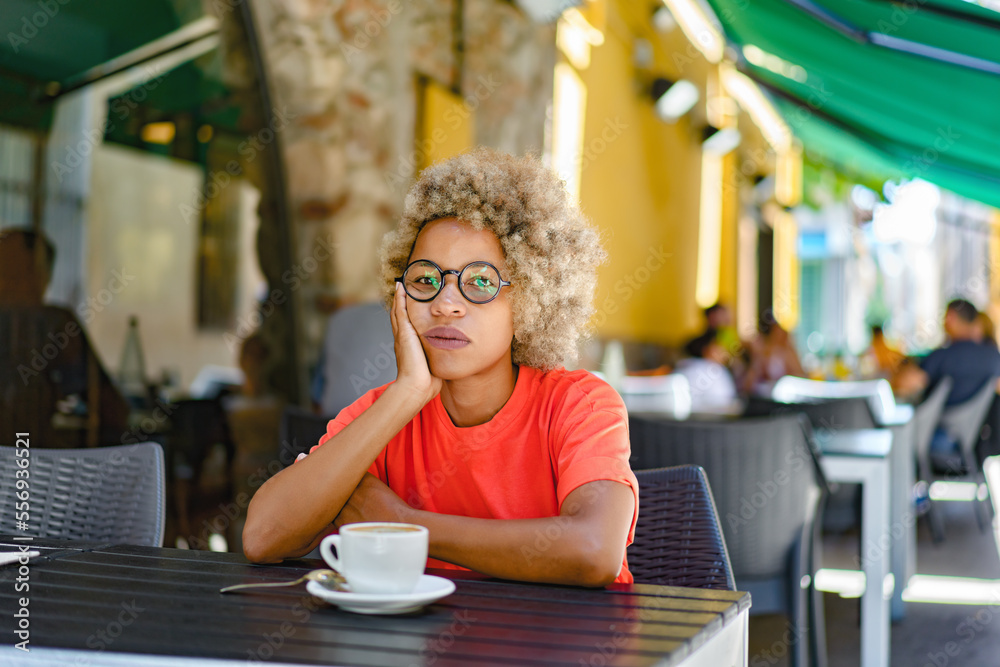 woman with cup drinking cafe at city street cafe terrace woman with cup drinking cafe at city street cafe terrace