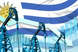 lowering down chart on Uruguay flag background - industrial illustration of Uruguay oil industry or market concept. 3D Illustration