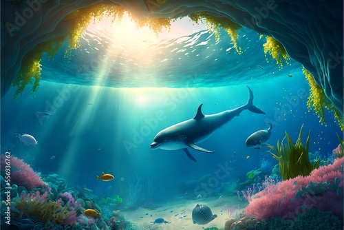 Swimming dolphin at the bottom of the sea with sunbeams.Ocean colorful background with light flare dolphins and fishes.AI generated.